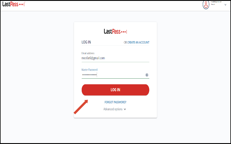 Nhấn nút LOG IN trên LastPass để truy cập kho mật khẩu, bao gồm cả Gmail
