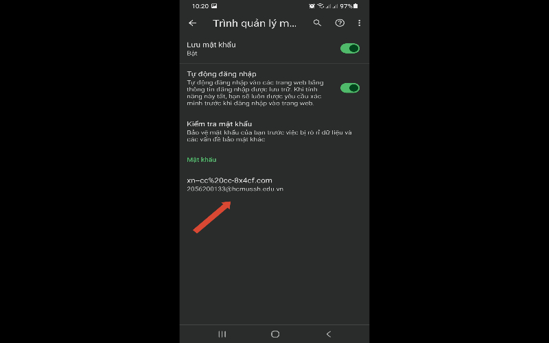 Chọn tài khoản Gmail đã lưu để xem mật khẩu cụ thể trên ứng dụng Cốc Cốc Android