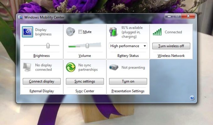Giao diện Windows Mobility Center điều chỉnh độ sáng màn hình Samsung