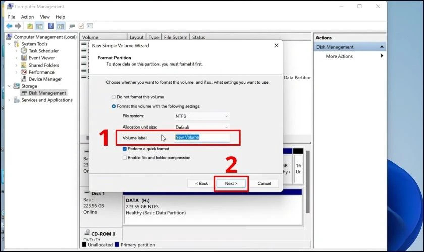 Đặt tên và định dạng ổ đĩa mới trong quá trình chia ổ đĩa máy tính