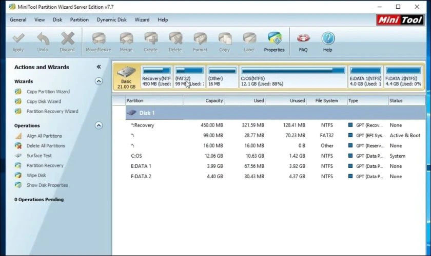 Giao diện Minitool Partition Wizard để chia ổ đĩa máy tính