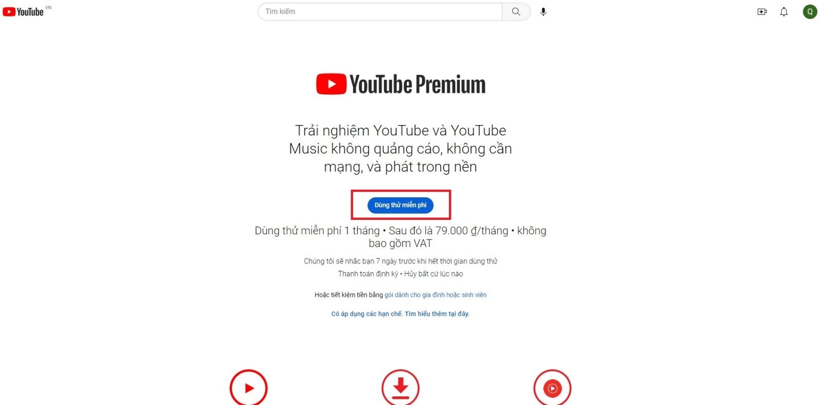 Truy cập trang đăng ký YouTube Premium trên máy tính