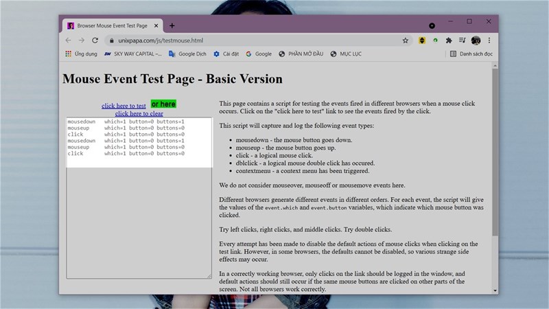 Kết quả hiển thị lỗi dblclick trên Mouse Event Test Page
