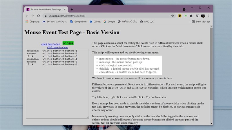 Danh sách các thuật ngữ và sự kiện trên Mouse Event Test Page