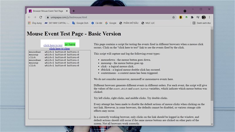 Các lựa chọn để bắt đầu kiểm tra trên Mouse Event Test Page
