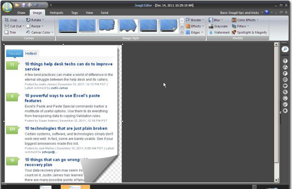 Giao diện SnagIt với các tùy chọn cài đặt chụp màn hình và hiệu ứng đặc biệt.