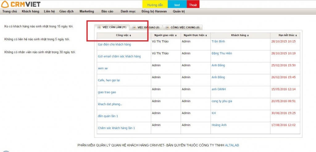 Thông báo việc cần làm qua phần mềm CrmViet