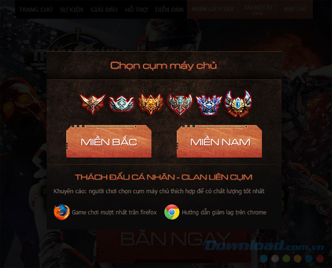 Giao diện chọn máy chủ Truy Kích