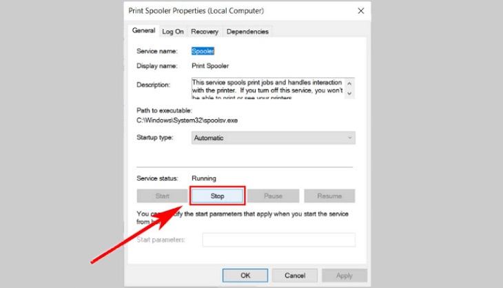 Cửa sổ thuộc tính của Print Spooler, chọn Stop để dừng dịch vụ nhằm khắc phục lỗi máy tính không nhận máy in