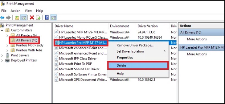 Mục All Drivers trong Print Management, nơi người dùng có thể xóa driver máy in cũ khi máy tính không nhận máy in