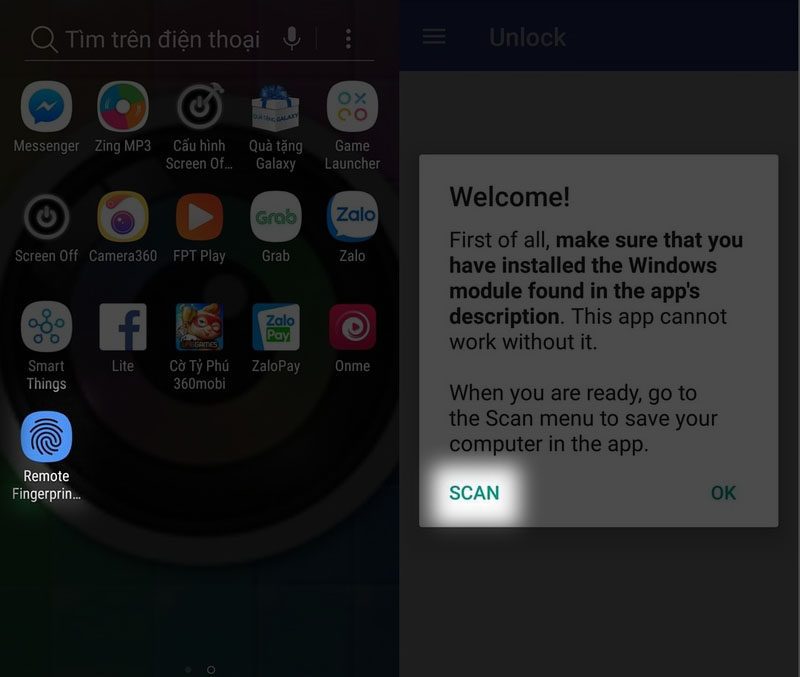 Thực hiện quét tìm máy tính trên ứng dụng Remote Fingerprint Unlock để mở máy tính tay trên máy tính