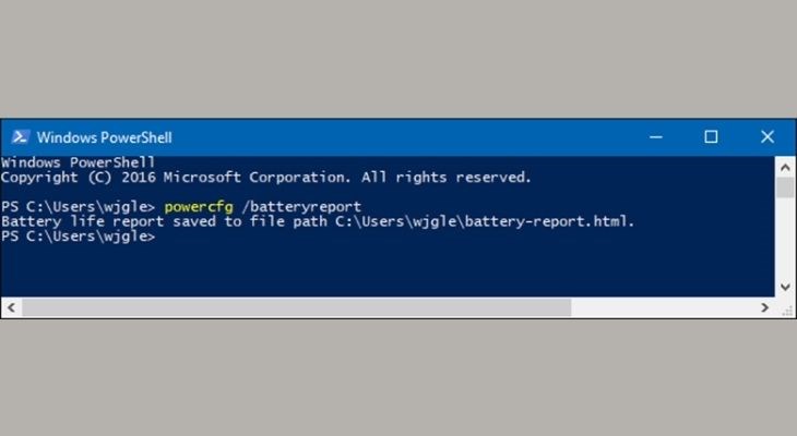 Nhập lệnh powercfg /batteryreport vào PowerShell để kiểm tra pin máy tính