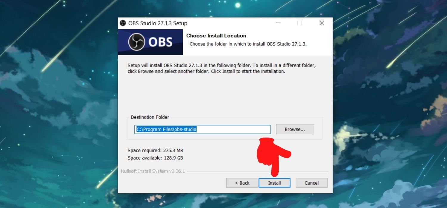 Nhấn Install để bắt đầu quá trình cài đặt OBS Studio