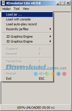Hướng dẫn chọn 'Load Jar' trong menu Midlet của KEmulator, bước đầu để giả lập Java trên máy tính.