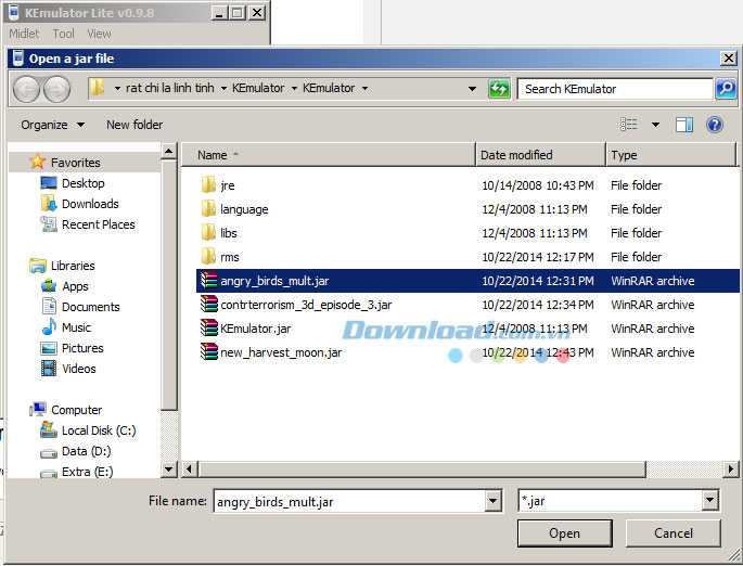 Mở hộp thoại chọn file .jar để tải game vào KEmulator, hoàn tất quá trình giả lập Java trên máy tính.