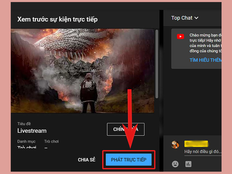 Nút "PHÁT TRỰC TIẾP" trên giao diện YouTube Studio