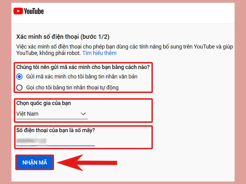 Màn hình xác minh số điện thoại trên YouTube