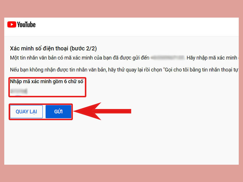 Màn hình nhập mã xác minh YouTube
