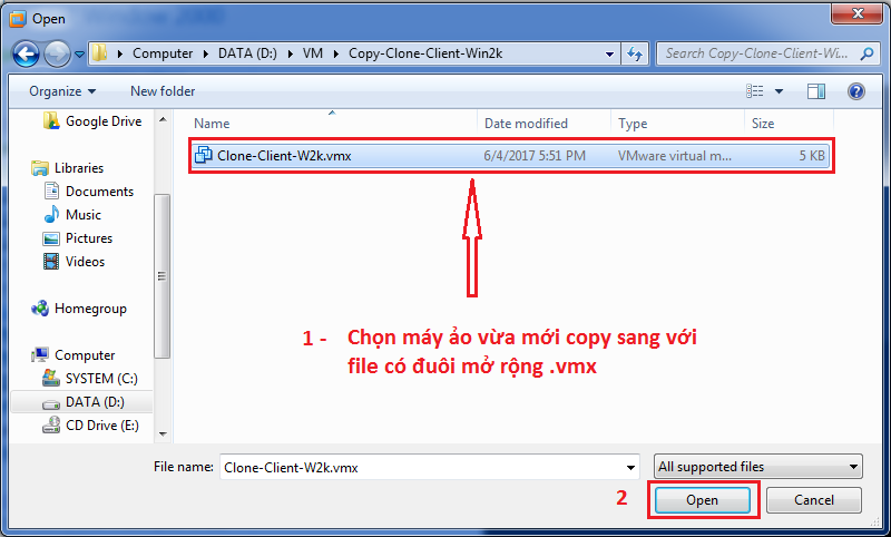 Chọn file cấu hình .vmx của máy ảo VMware để mở