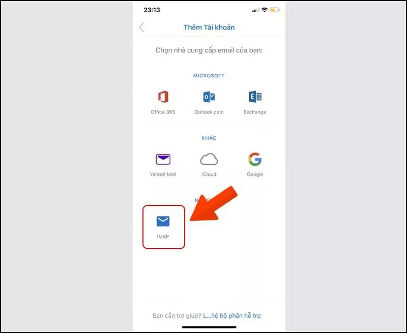 Màn hình lựa chọn loại tài khoản IMAP trong ứng dụng Outlook trên điện thoại