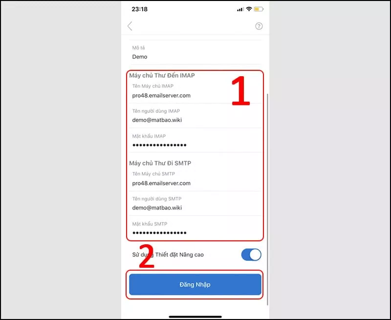 Điền thông tin máy chủ IMAP và SMTP khi thiết lập tài khoản Outlook trên thiết bị di động