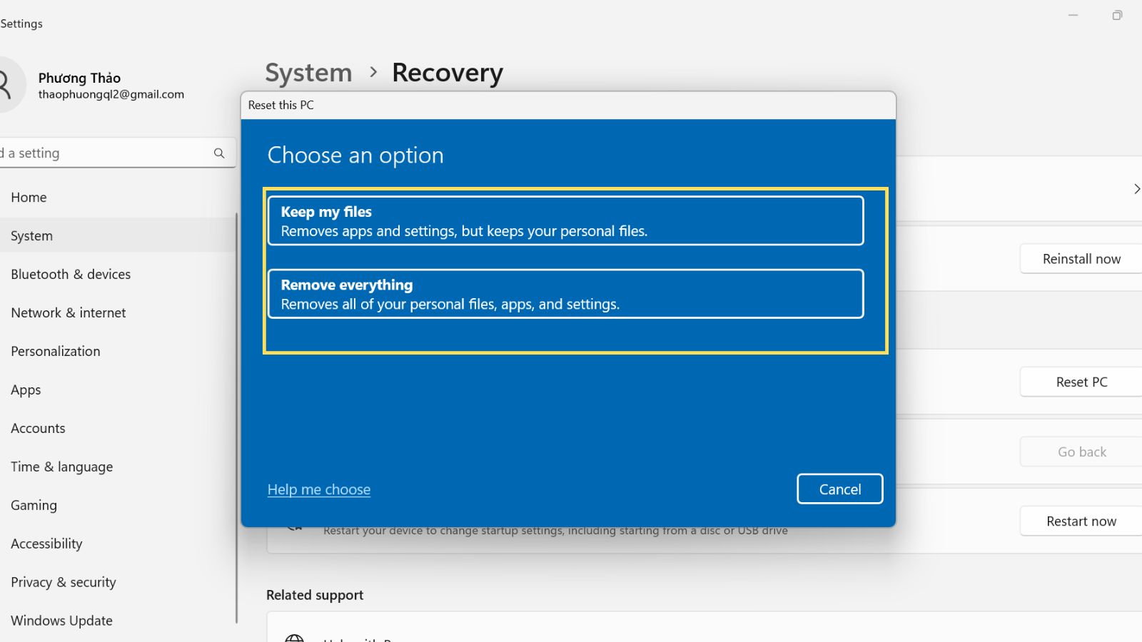 Lựa chọn Keep my files hoặc Remove everything khi reset máy tính Windows 11