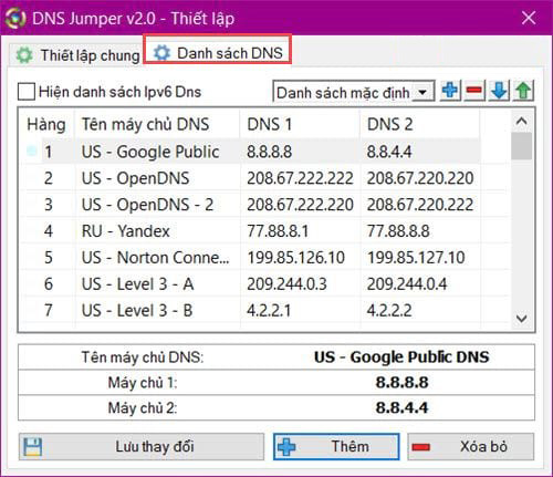 Giao diện DNS Jumper hiển thị danh sách các máy chủ DNS và tùy chọn cài đặt