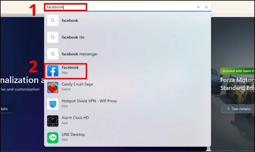 Tìm kiếm ứng dụng Facebook trong Microsoft Store