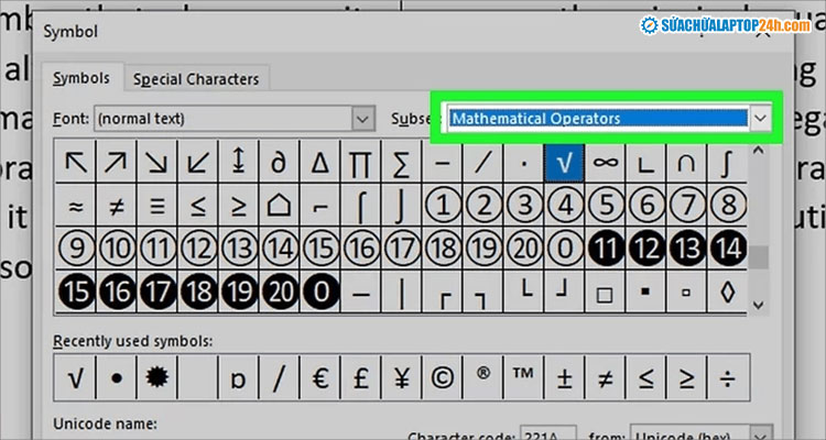 Tìm kiếm danh sách các biểu tượng toán học trong Character Map bằng cách nhập Mathematical Operators