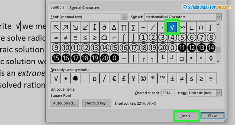 Nhấn để chèn biểu tượng căn bậc hai vào Word sau khi đã chọn từ danh sách