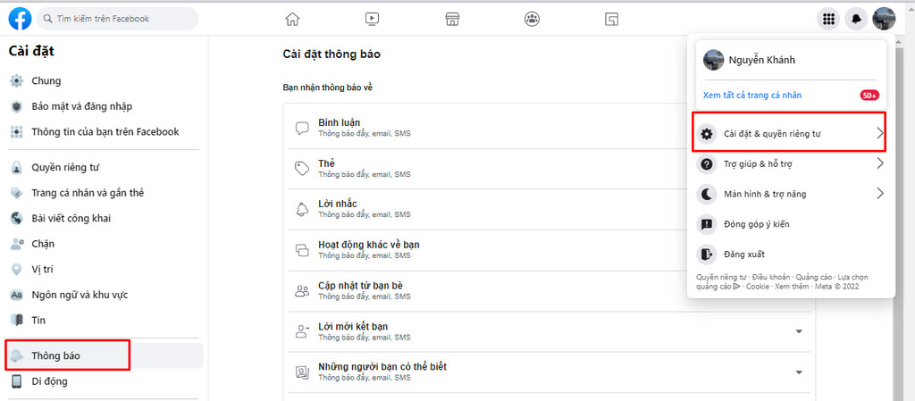 Cài đặt thông báo Messenger qua trình duyệt Facebook