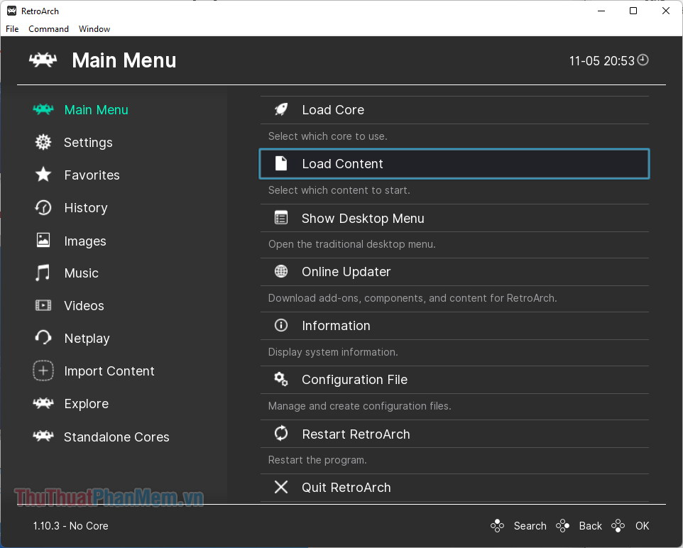 Chọn Load Content trong RetroArch để tải game ROM