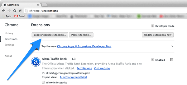 Nút Load unpacked extension trong Chrome để thêm tiện ích ARChon cho trình duyệt Android trên máy tính