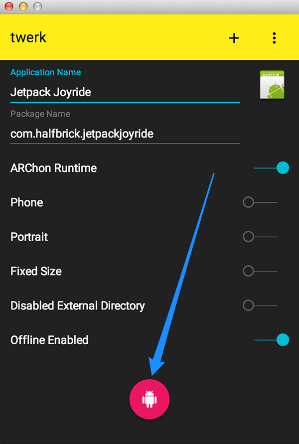 Bảng thiết lập tùy chỉnh trong Twerk để cấu hình ứng dụng Android trước khi chuyển đổi cho trình duyệt Android trên máy tính