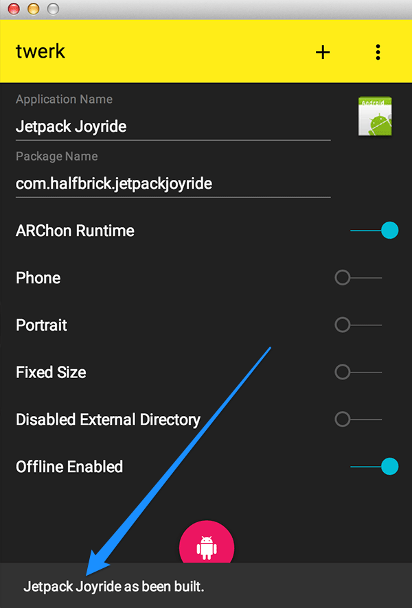 Thông báo xác nhận ứng dụng đã được Twerk chuyển đổi thành công, sẵn sàng cho trình duyệt Android trên máy tính