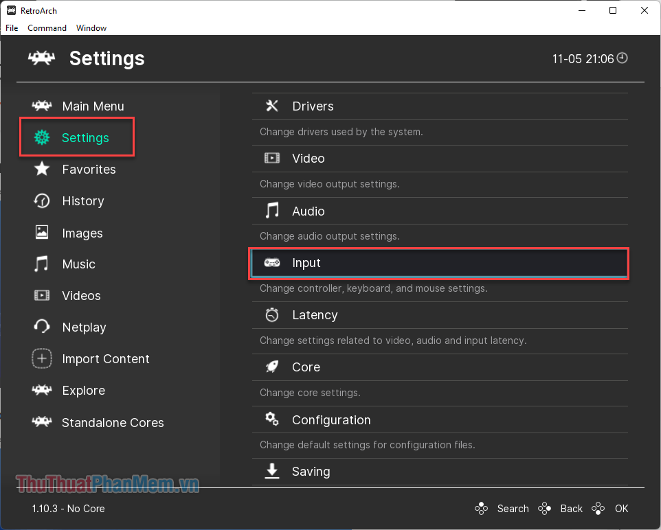 Chọn Settings Input để thiết lập tay cầm cho RetroArch