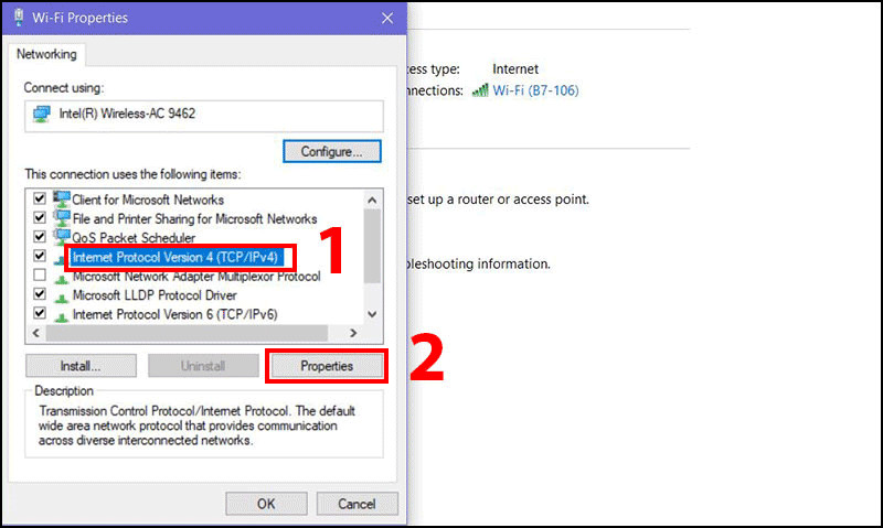 Chọn Internet Protocol Version 4 (TCP/IPv4) để thay đổi DNS