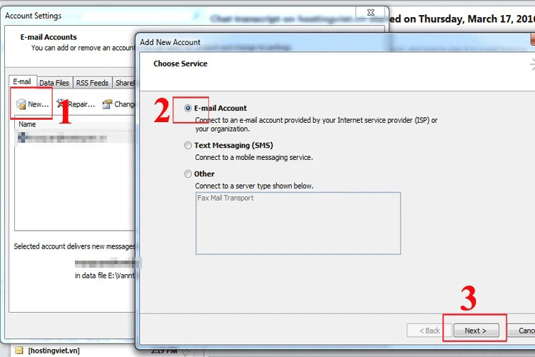 Chọn New - E-mail Account - Next