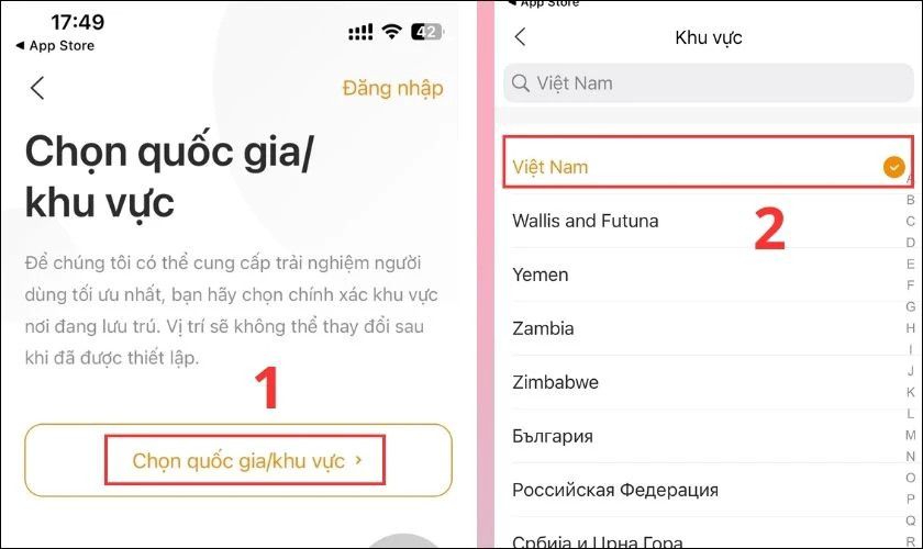 Chọn quốc gia trong cài đặt ứng dụng, liên quan đến thiết lập khi cài đặt iPhone trên máy tính
