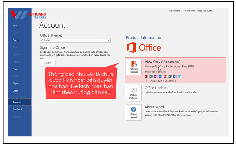 Kiểm tra trạng thái kích hoạt Excel 2019 Hình ảnh minh họa kiểm tra tình trạng bản quyền Excel 2019
