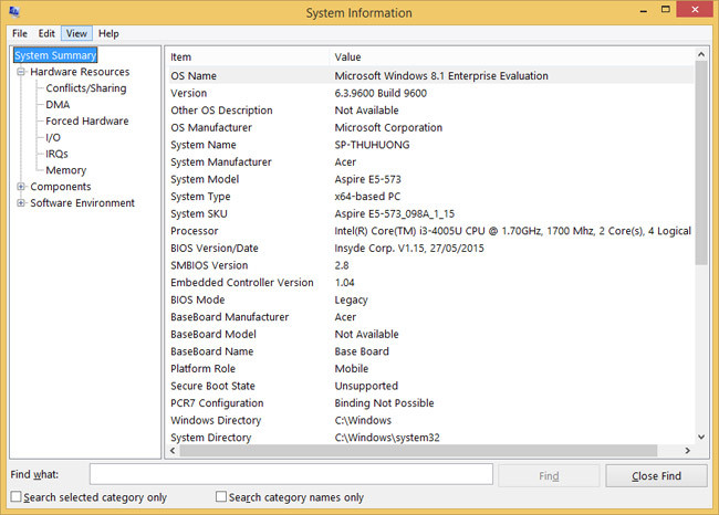 Cửa sổ System Information hiện ra