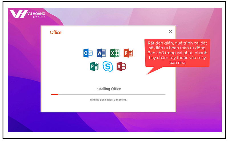 Quá trình cài đặt tự động Excel 2019 Quá trình cài đặt Office 2019 sẽ diễn ra tự động sau khi khởi chạy