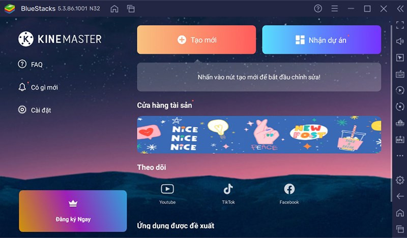 Giao diện chính của ứng dụng Kinemaster trên máy tính