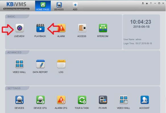 Giao diện chính để truy cập LiveView và Playback của phần mềm xem camera KBVision trên máy tính