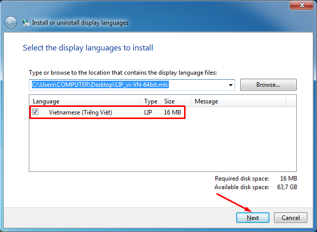 Tiếp tục nhấn Next