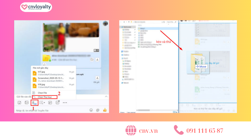 Thao tác kéo thả file từ máy tính vào khung chat Zalo để gửi đi