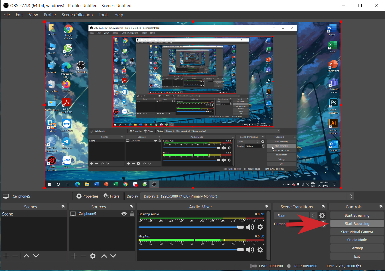 Nhấn Start Recording để bắt đầu quay màn hình với OBS Studio