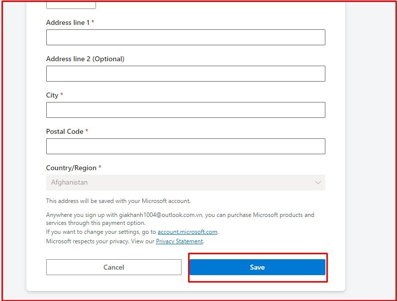 Nhập thông tin thanh toán vào và bấm nút “Save”.