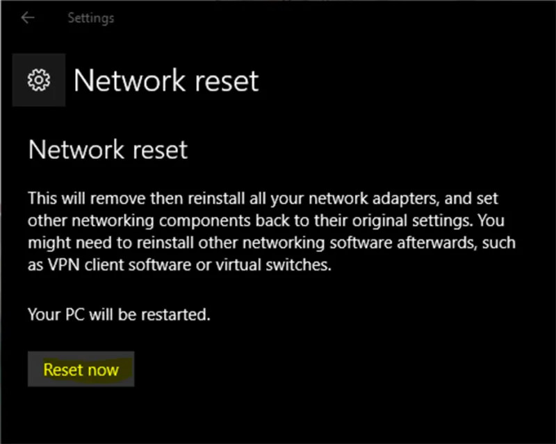 Xác nhận reset mạng Win 10