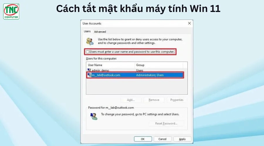 xóa mật khẩu máy tính win 11